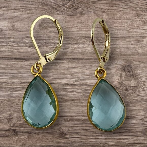 Aquamarine Earrings 18KT Gold Filled Leverbacks Vermeil Bezel Setting - Picture 1 of 13